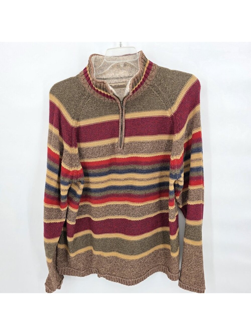 Ruff Hewn Sweater Mens 2XL Brown Stripe 1/4 Zip Mock Neck Cotton Heavyweight